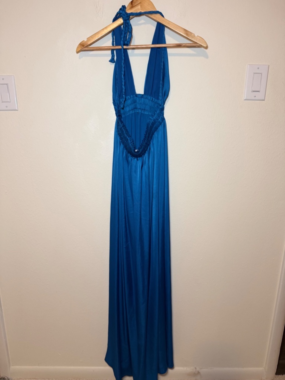 LoveShackFancy Blue Halter Maxi Dress Size 2 Backless Smocked Waist Flowy - Picture 8 of 9